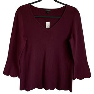 Talbots NWT Sweater V-Neck Scalloped Hem Cuffs Sz S Burgundy Career Preppy